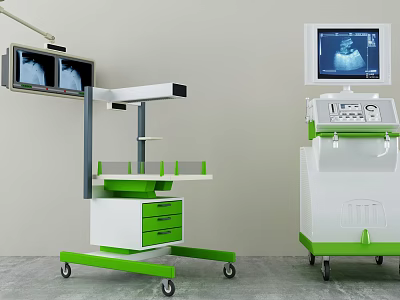 Mobile Medical Devices With X Ray Display And Ultrasound Machine Green White Wheeled Design 3d model