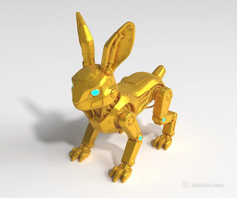 Golden Mechanical Rabbit Robot With Metallic Structure And Blue Luminous Components 3d model 