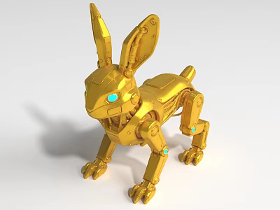 Golden Mechanical Rabbit Robot With Metallic Structure And Blue Luminous Components 3d model