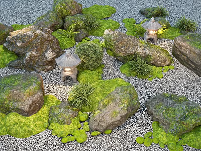 Green Plants With Moss Covered Stones And Small Lanterns In Zen Gravel Garden 3d model
