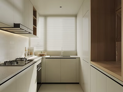 Modern Kitchen Interior Design With White Cabinets Wooden Elements Stove Sink And Blinds 3d model
