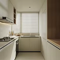 Modern Kitchen Interior Design With White Cabinets Wooden Elements Stove Sink And Blinds