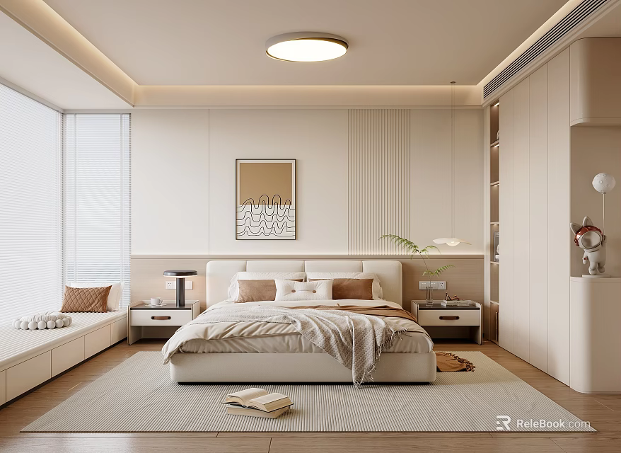 Modern Bedroom Interior With Comfortable Bed Artwork Wooden Floor And Blinds 3d model 