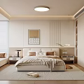 Modern Bedroom Interior With Comfortable Bed Artwork Wooden Floor And Blinds