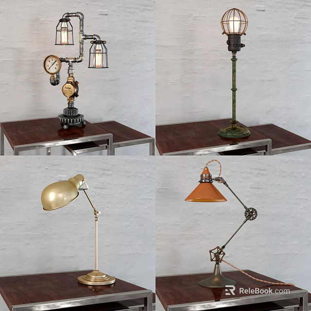 Vintage Industrial Table Lamps With Adjustable Arms And Metal Bases On Wooden Desks 3d model 
