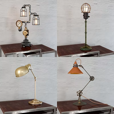 Vintage Industrial Table Lamps With Adjustable Arms And Metal Bases On Wooden Desks 3d model