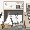 Playful Elevated Kids Bed with Stairs Slide Teepee Toys and Wall Decor