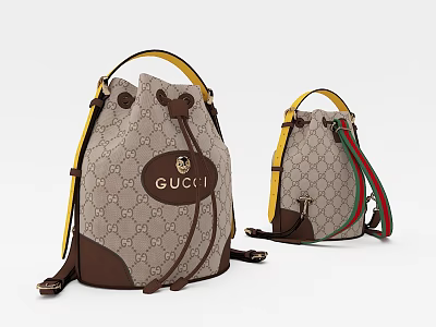 Gucci Bucket Bags With Classic GG Pattern Beige Brown And Red Green Striped Straps 3d model