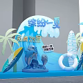 Colorful Summer Themed Decoration For Trace free Bookstore With Dolphin Sculpture Surfboards Lifebuoy And Palm Trees