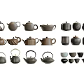 Traditional Ceramic Tea Set Collection Including Teapots Cups And Storage Jars 3d model