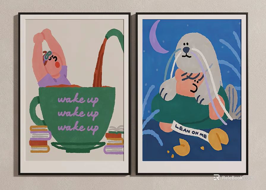 Two Decorative Wall Art Prints With Green Cup Seal Moon And Motivational Texts 3d model 