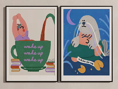 Two Decorative Wall Art Prints With Green Cup Seal Moon And Motivational Texts 3d model