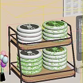 Modern Two Tier Storage Shelf with Metal Frame Wooden Shelves and Stacked Silver Plates