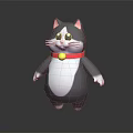 3D Cartoon Cat With Gray White Fur Red Collar Golden Bell Standing On Black Background