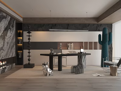 Modern Study Room Interior With Fireplace Black Table Bookshelf Cactus Decor And Pendant Light 3d model
