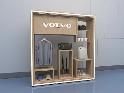 VOLVO Display Shelf with Gray Sweater Black White Bags Shoes Blue Cap and Umbrellas 3d model