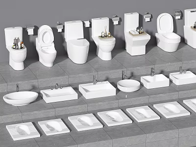Various Toilet Models with Sinks in Tiered Bathroom Product 3d model