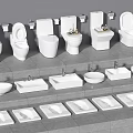 Various Toilet Models with Sinks in Tiered Bathroom Product