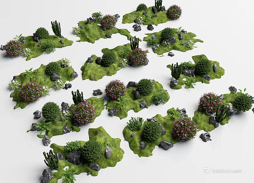 Exquisite Natural Garden Landscape Design With Lush Green Plants Colorful Bushes And Stones 3d model 
