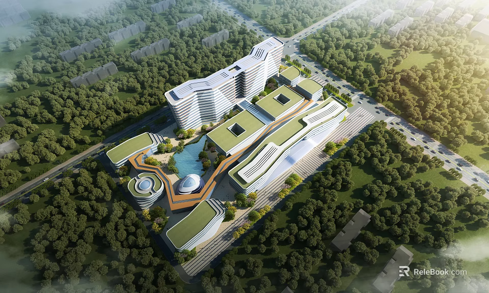 Contemporary Hospital Building Complex With Green Roofs Surrounded by Lush Trees and Open Spaces 3d model 