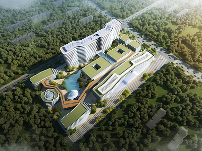 Contemporary Hospital Building Complex With Green Roofs Surrounded by Lush Trees and Open Spaces 3d model
