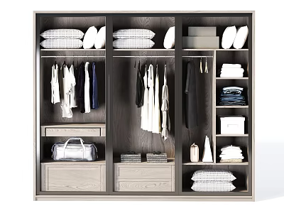 Modern Wooden Wardrobe Interior With Hanging Clothes Folded Garments Shoes Storage Drawers And Accessories 3d model