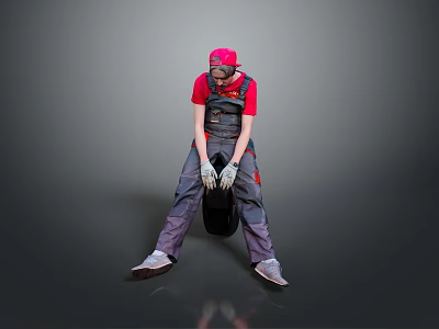 A Man In Red Cap And T-shirt Holding Black Tire With White Gloves On Gray Background 3d model