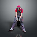 A Man In Red Cap And T-shirt Holding Black Tire With White Gloves On Gray Background