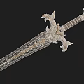 Ornate Decorative Sword Featuring Intricate Carvings Golden Hilt And Detailed Blade Design