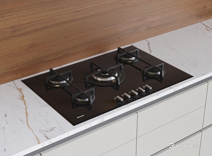Black Gas Cooktop On Marble Countertop With Wooden Backsplash And Cabinets 3d model 