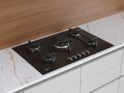 Black Gas Cooktop On Marble Countertop With Wooden Backsplash And Cabinets 3d model