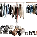 Stylish Clothes Hanging on Racks Including Various Styles Folded Clothes Bags and Shoes