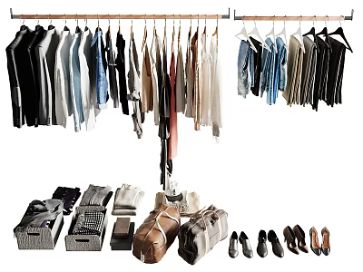 Stylish Clothes Hanging on Racks Including Various Styles Folded Clothes Bags and Shoes 3d model