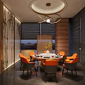Modern Hot Pot Restaurant Interior With Orange Decor And Seating 3d model