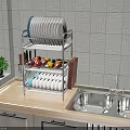 Practical Kitchen Interior With Stainless Steel Dish Rack Plates Fresh Fruits Wooden Countertop And Cabinets