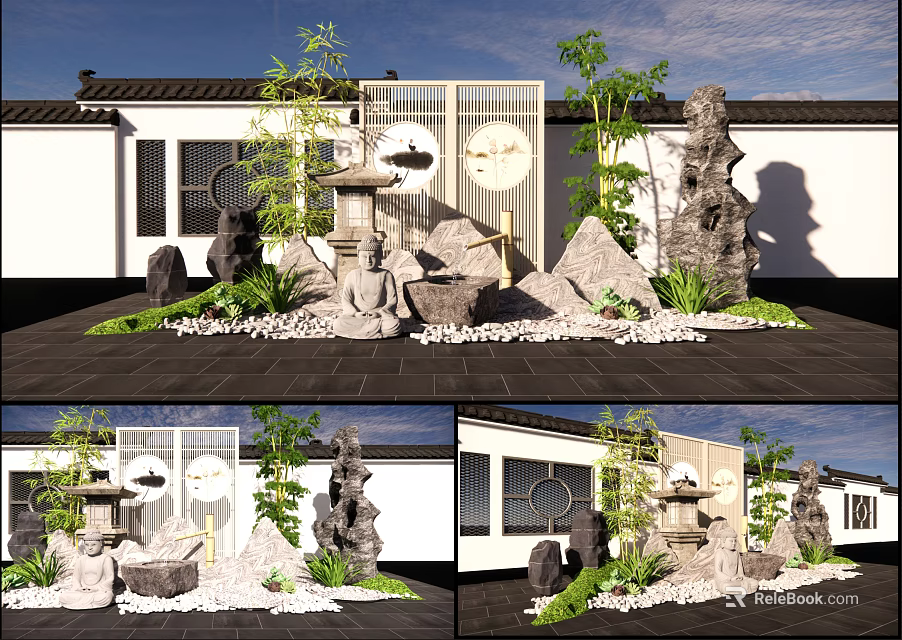 Traditional Chinese Courtyard Garden With Bamboo Rocks Lantern Round Windows And White Walls 3d model 