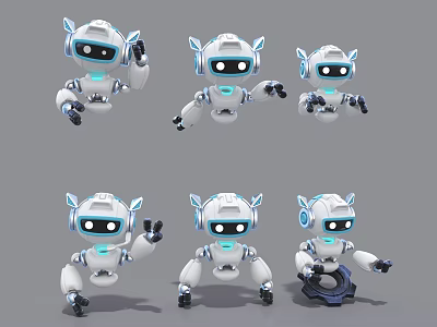 Cute White And Blue Robots With Various Poses And Glowing Elements 3d model