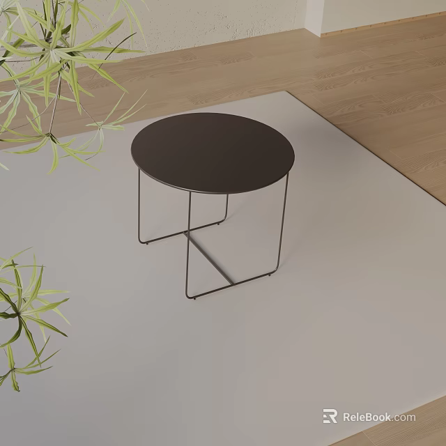 Modern Round Top Side Table With Metal Frame And Green Plants On Carpet 3d model 