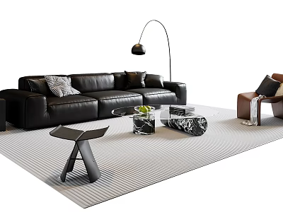 Modern Leather Sofa Coffee Table Set With Glass Top And Floor Lamp In Living Room 3d model