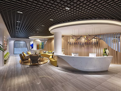 Modern Reception Lobby Interior With Marble Desk Wooden Decor Sofa And Lighting 3d model