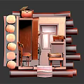 Cartoon Style Log Cabin Interior With Cozy Bed Table Chair And Colorful Rug