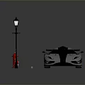 Silver Sports Car Parked On Brick Paved Road With Street Lamps And Red Fire Hydrant