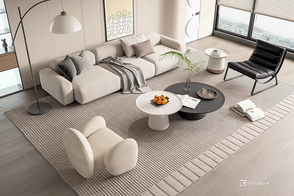 Modern Light Gray Sofa Coffee Table Set with Cushions Throw Blanket White Black Round Tables 3d model 