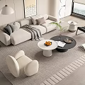 Modern Light Gray Sofa Coffee Table Set with Cushions Throw Blanket White Black Round Tables