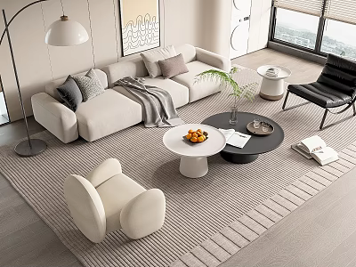 Modern Light Gray Sofa Coffee Table Set with Cushions Throw Blanket White Black Round Tables 3d model