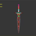Ornate Decorative Sword With Red Hilt Gold Accents And Intricate Blade Patterns 3d model