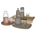Elegant Glass Tea Set with Clear Cups Bottles and Wooden Serving Tray