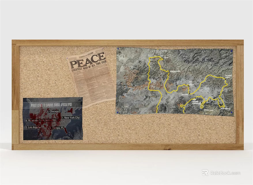Wooden Frame Corkboard Wall Hanging With Peace Print Map And Decorative Card 3d model 