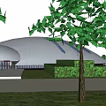 Modern Public Architectural Structure Featuring Curved Roof Water Pool Trees And Outdoor Landscaping