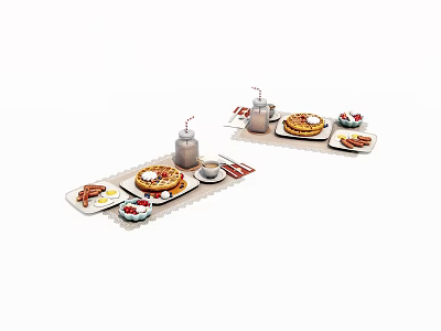 Delicious Breakfast Trays With Fluffy Pancakes Sausages Coffee And Fresh Strawberries 3d model